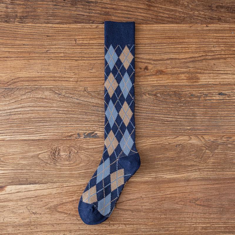 Vintage British Style Jk Calf Socks Women's Season Thickened Stockings Cotton Socks High Tube College Wind Rhombus Lattice Medium Tube Socks