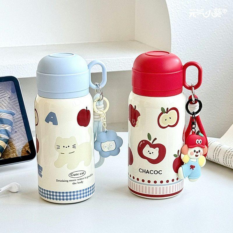 Letter Apple Little Cat Cute Large Capacity Insulated Cup High-Quality Student Campus Portable Three-In-One Drinking Cup with Straw