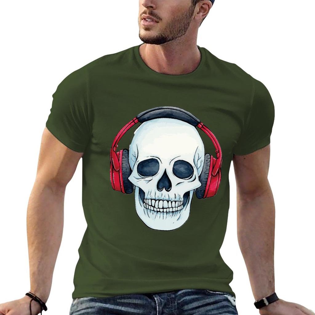 Neues Totenkopf mit Kopfhörern T-Shirt Sweatshirts schwarze T-Shirts niedliche Oberteile Herren Grafik-T-Shirts Hip Hop