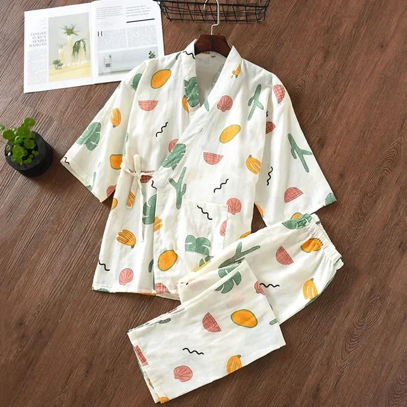 Yedi Kollu Kimono Pijama Seti Kadın İlkbahar ve Sonbahar %100 Pamuk Gazlı Bez Ev Giyim Şirin Tatlı