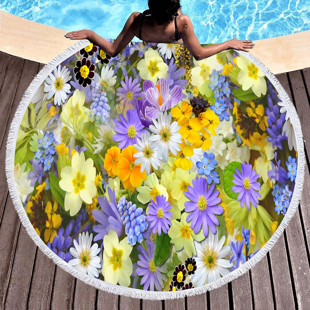 Botanical Floral Round Beach Towel, Garden Flowers Daisy Beach Blanket, Rustic Farmhouse Style Pool Towel, Portable Picnic Mat