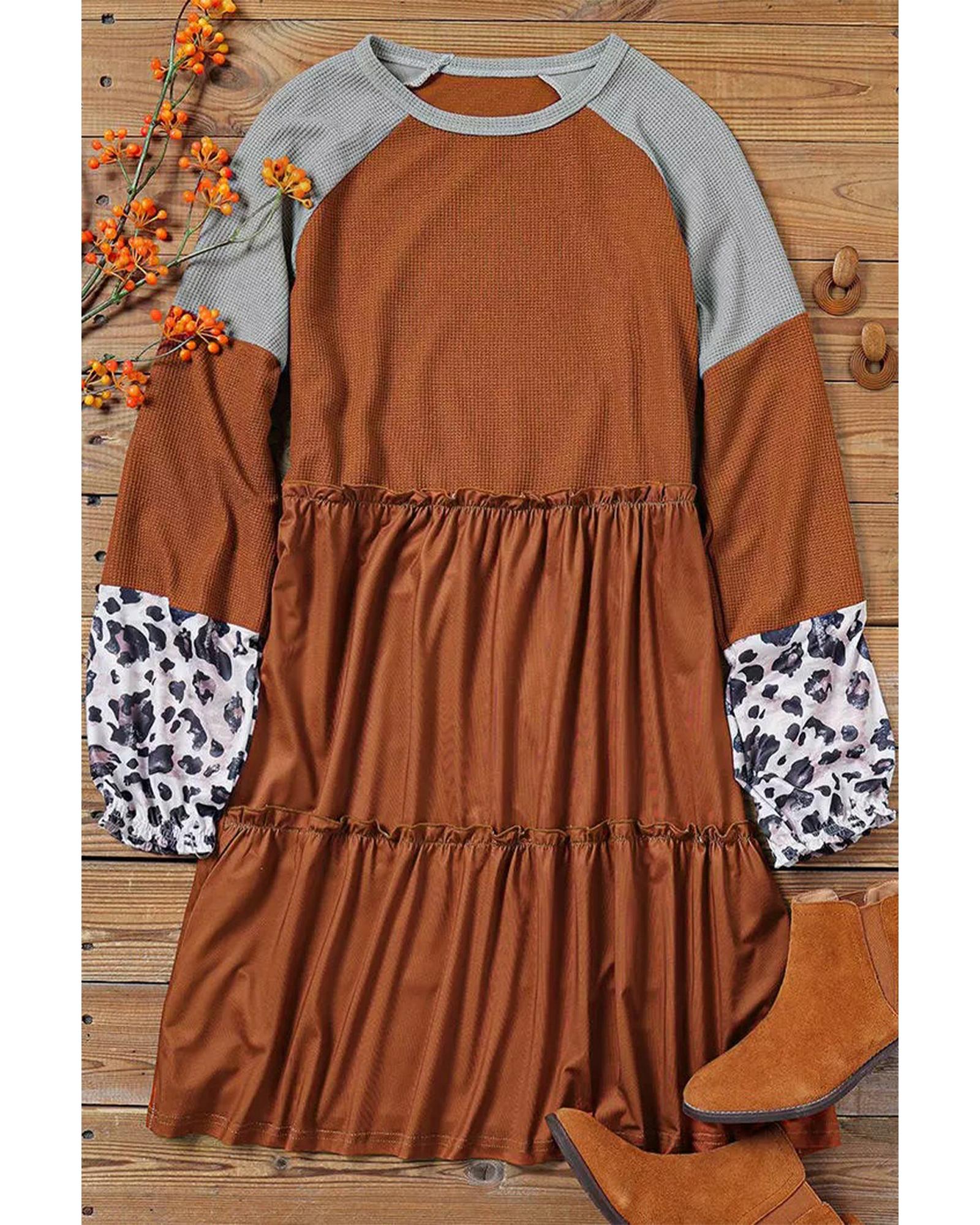

Azura Exchange Leopard Patchwork Waffle Knit Dress M коричневий