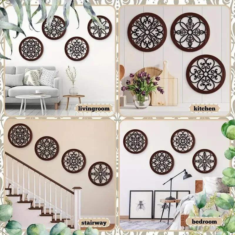 4 buc Artă de Perete din Lemn Rustic Mare - Gros, Sculptat Gol, Rotund, Finisaj Distresat, Decor de Fermă pentru Living, Dormitor