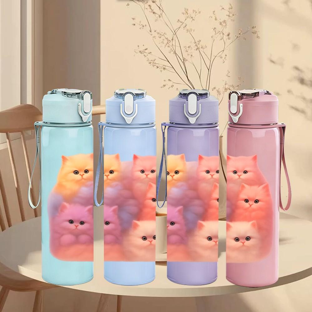 1PC Stacked Cute Pink Cats 750ml Color Plastic Sports Water Bottle Leakproof Flip Straw Lid Suitable for Sports Office Home Use
