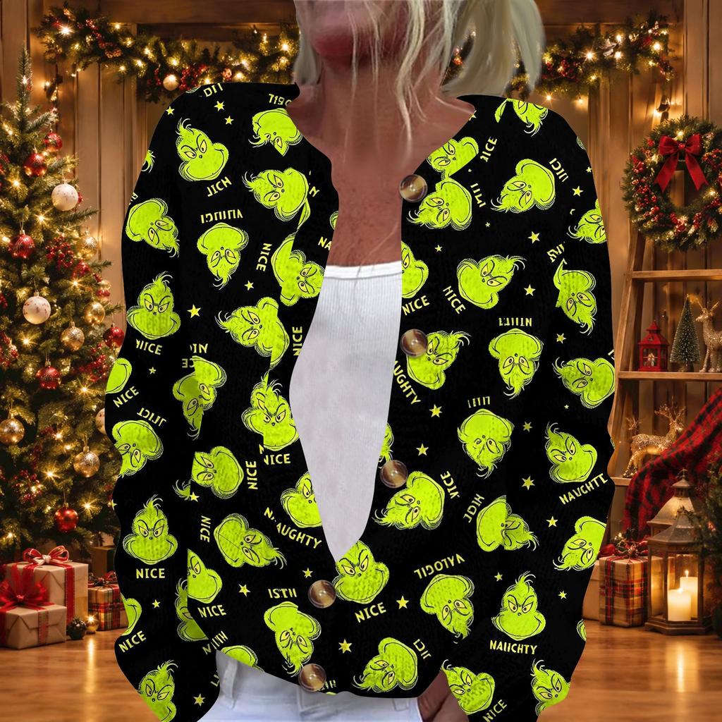 Women's Casual Long Sleeve Knit Cardigan with Button Front and Novelty Print