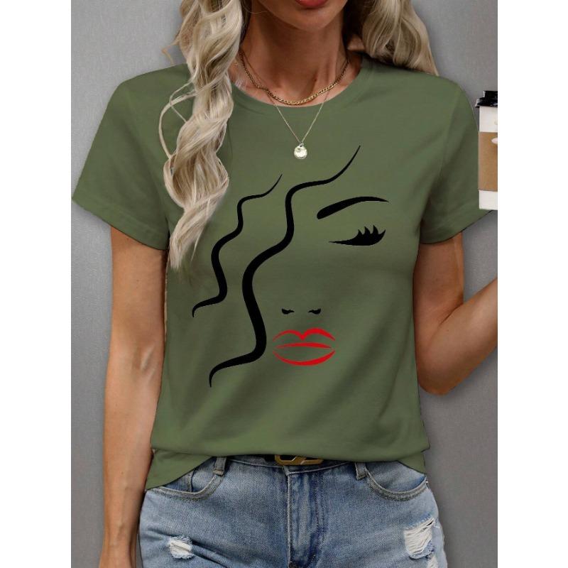 Summer Round Neck 3D Facial Depiction Pattern Print Top Fashionable Casual Short Sleeved Women's T-shirts