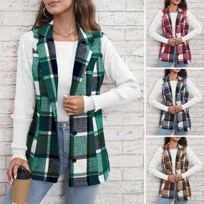 Fall Spring Women Vest Coat Plaid Printing Turn-down Collar Sleeveless Button Down Warm Mid Length