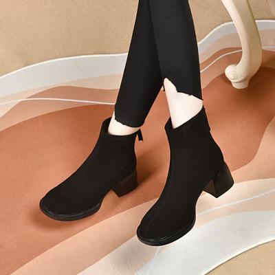 Mode-Stiefel mit runder Spitze für Damen, Herbst und Winter, neu, schwarz, schlichtes Temperament, kurze Stiefel, dicker Absatz, hoher Absatz, dünne Stiefel