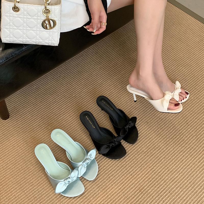 Bailamos Summer Fashion Butterfly-knot Women Slipper Slip On Ladies Sandal Thin High Heel Outdoor Dress Slides Shoes Flip Flop