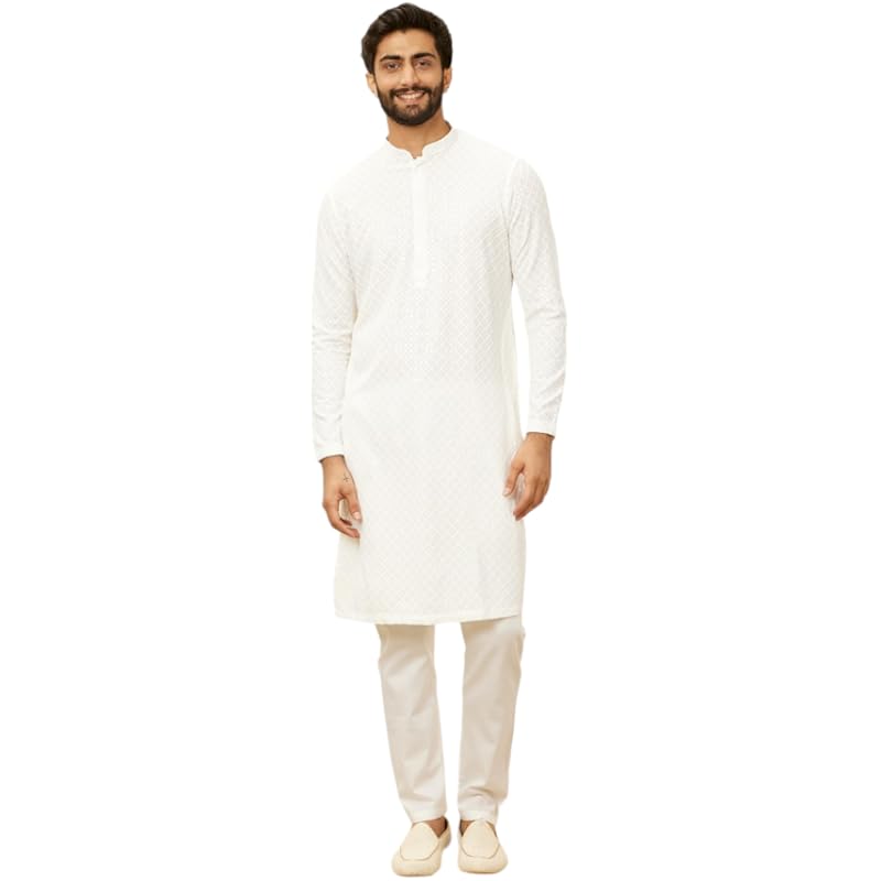 Manyavar Mens White Viscose Embroidered Kurta Pyjama Set