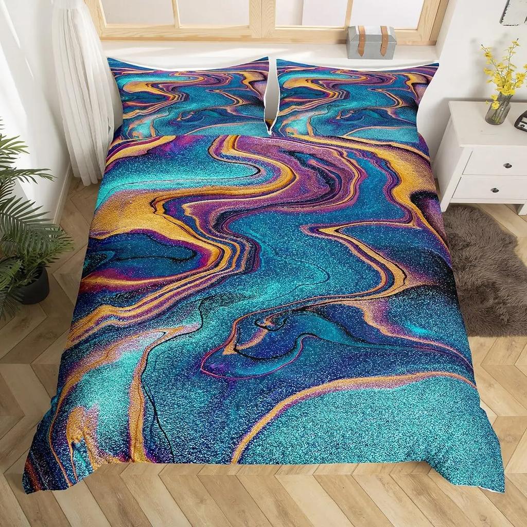 Blue Marble Duvet Cover, Geometric Comforter Cover Twin Queen Size Golden Stone Pattern Bedding Set Abstract Trippy Quilt Cover