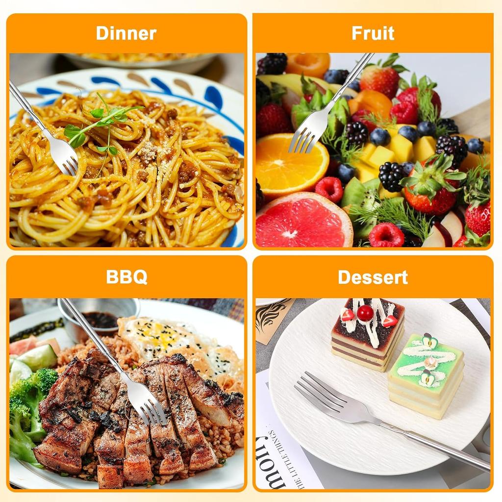 3 PCS Extendable Forks, Extension from 8.7" to 25.5" Telescoping Fork, Stainless Steel Long Forks for Eating, Adjustable Retractable Dinner Fork for