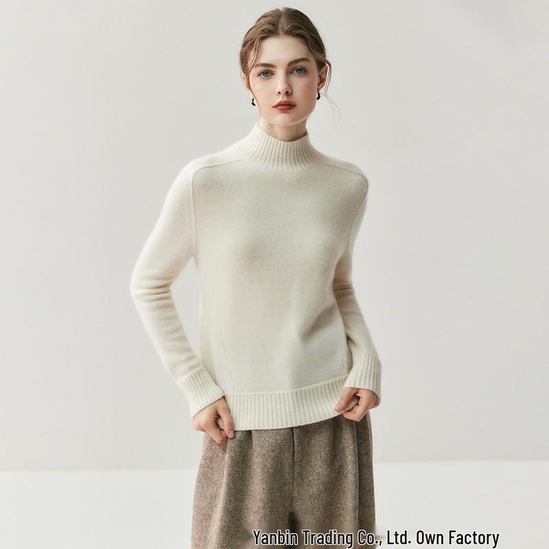 Elegant Women's Cashmere Sweater - Half-High Collar, Saddle Shoulder, Solid Color Knit for Autumn and Winter