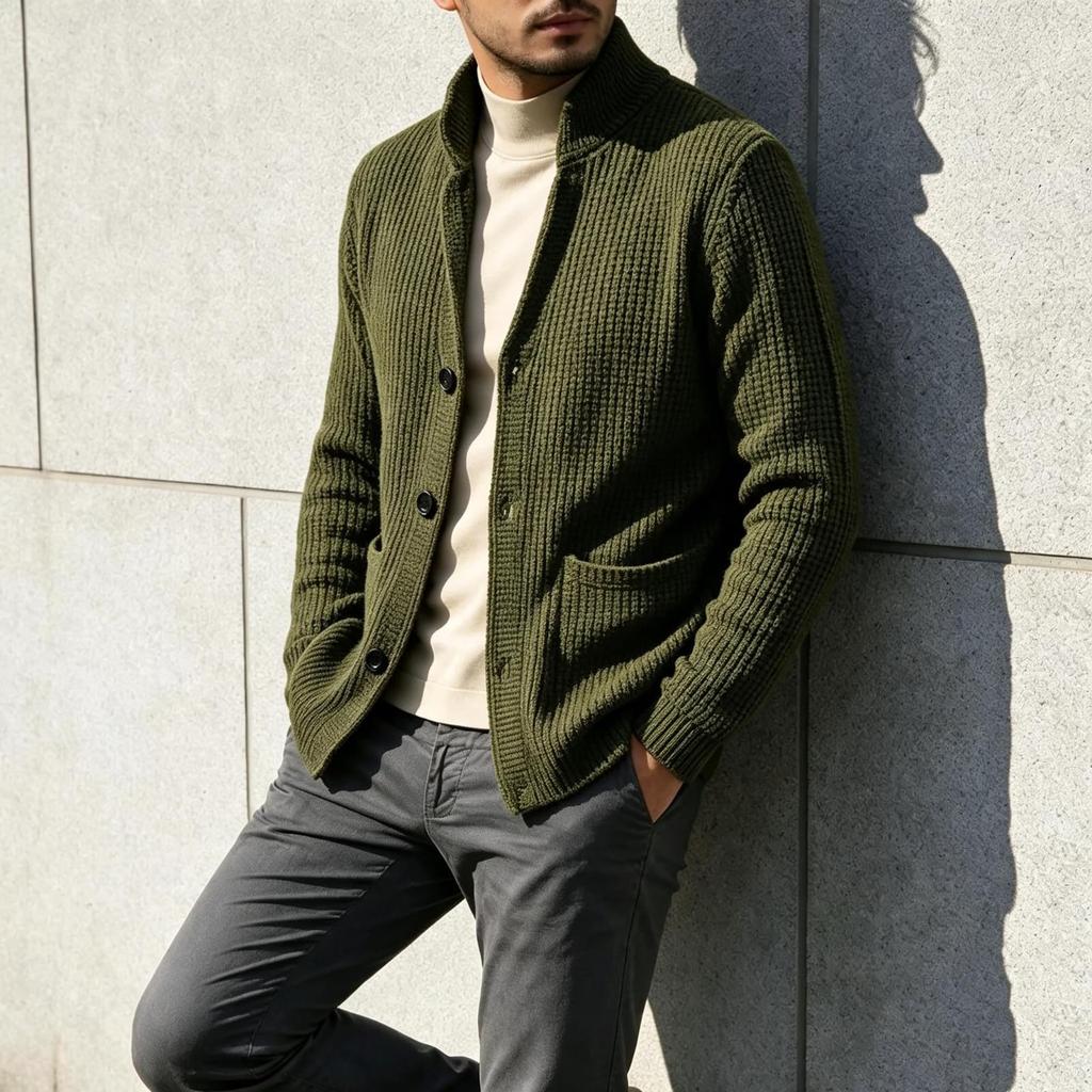 Men's Knit Cardigan, Stand Collar Button-Down Sweater Jacket with Pockets for Fall Winter