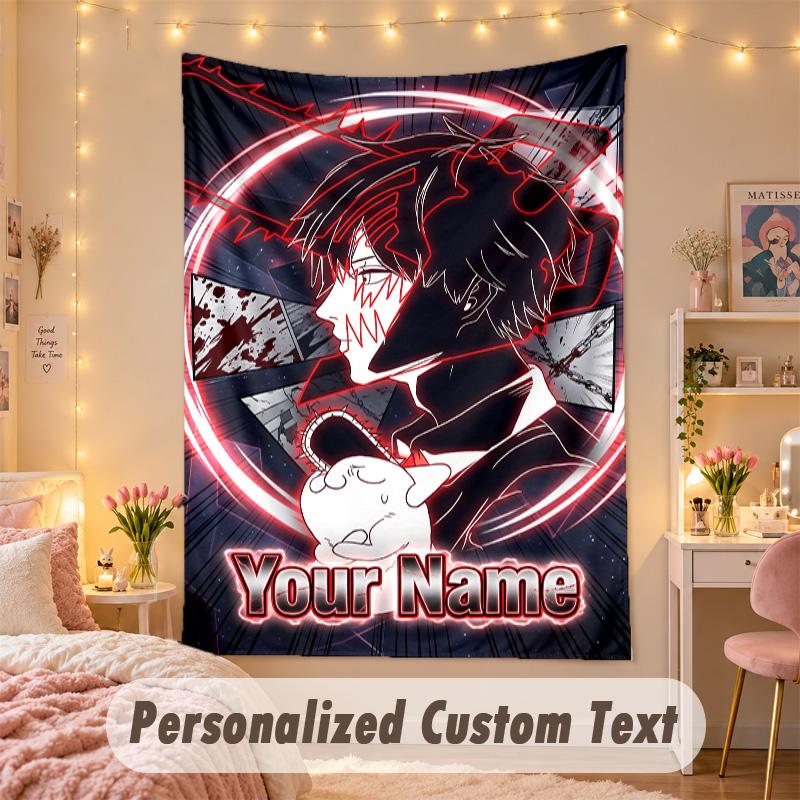 Custom Personalized Tapestry,Chainsaw Man Print Custom Name Text Wall Art Hanging for Bedroom