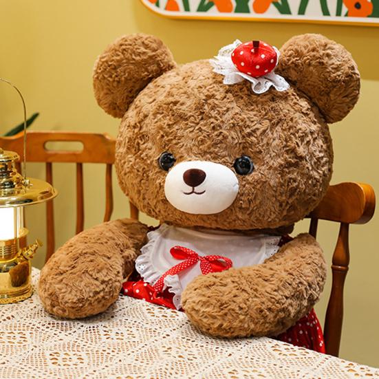 Bear Doll Soft Fluffy Red Dot Dress Lace Embellishments Comfortable Hug Bear Plush Toy Bedroom Pillow Sofa Decor