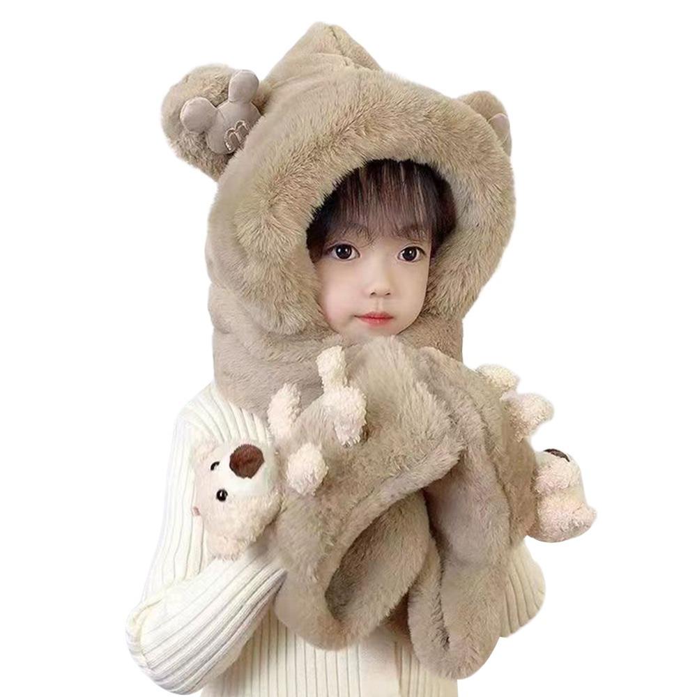 Winter Thick Hats Scarf Gloves Set With Long Scarf Warm Winter Plush Hooded Windproof Fluffy 3-in-1 Soft Hat Toddler