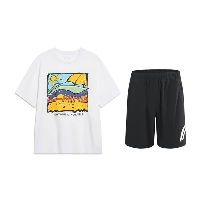 

Li-Ning Fashionable Versatile Cartoon Print Short Sleeve T-Shirt Large Logo Quick-Dry Elastic Shorts Casual Sports Suit AHST543-1+YKSV197-2 XL