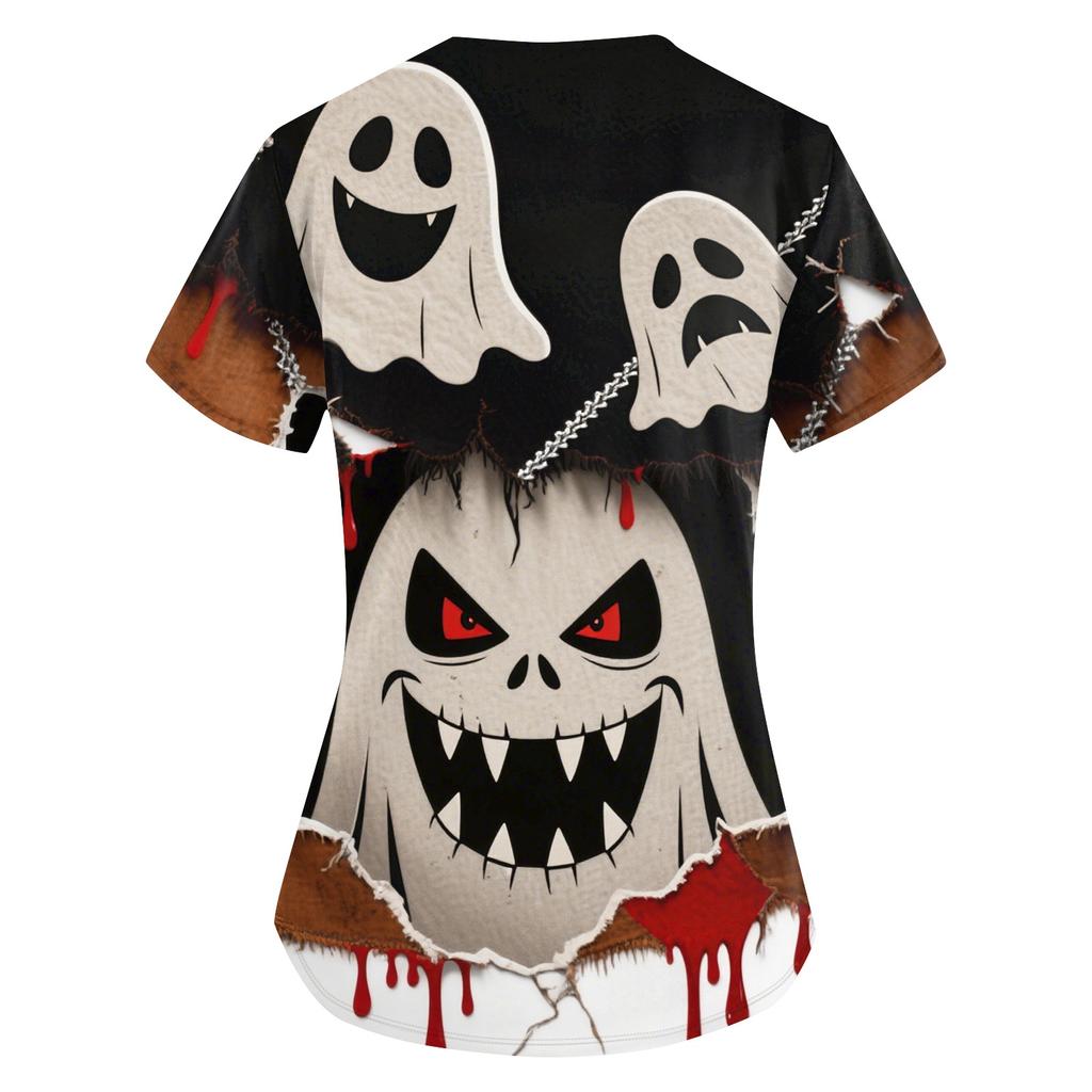 Women's Printing Uniform Work Uniform V-neck Pockets Basic Short Sleeve Pullover Top