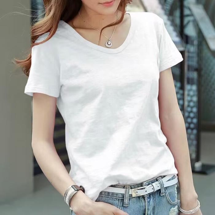 Bambus-Baumwoll-T-Shirt Damen Kurzarm Sommer 2025 Neu Locker Schultervorderseite Lotuswurzel Rosa Oberteil Einfarbiges Körpershirt
