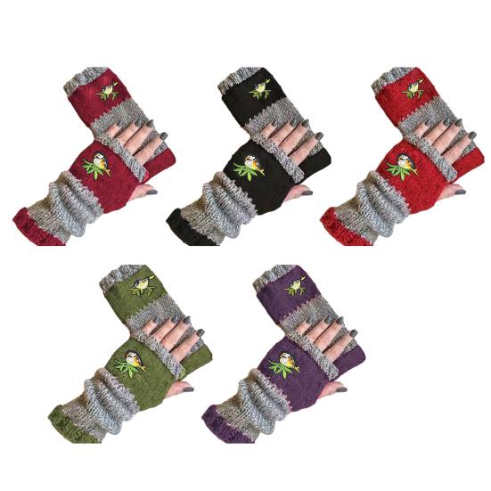 Embroidered Birds Fingerless Gloves Color-Block Knitted Warm Gloves Stretchy Mittens with Thumb