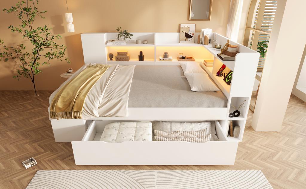 Daybed 140x200 cm Bianco Letto Singolo/Doppio per Ospiti, Base in Legno, Illuminazione a LED, Ricarica USB e Type-C, Mensole e Cassetti, incl.. Struttura a doghe (Con Materasso)