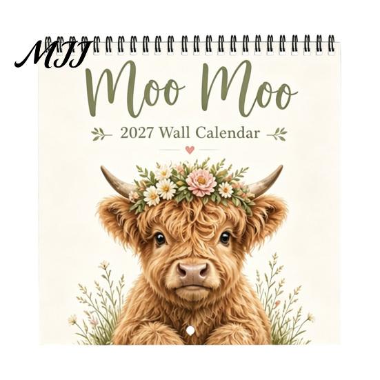 Yearly Planning Calendar 2027 Highland Cow Wall Calendar, Funny Farmhouse Animal Rustic Thick Paper Office Schedule 12 Monthly Planner for Lovers,