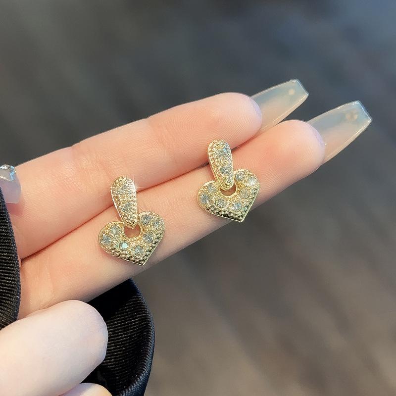 Full Crystal Heart Hanging Earrings for Women Hollow Luxury Shiny Rhinestone Female Wedding Ear Jewelry