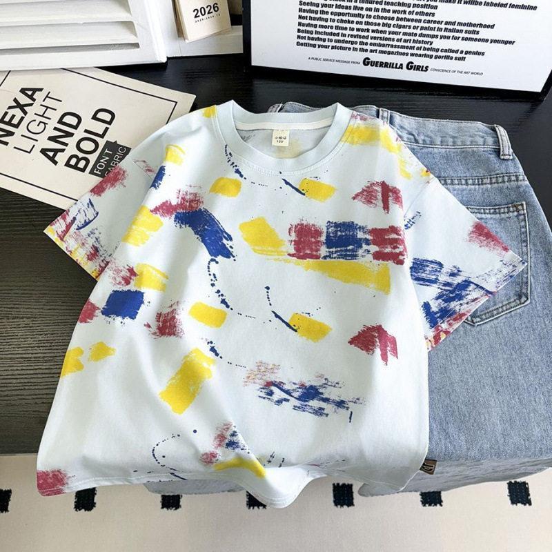 Boys Summer Tie Dye Graffiti Short Sleeve T Shirt Korean Trendy Top For Big Kids 120