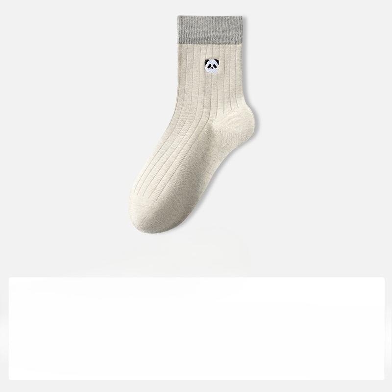 Sock Pure Cotton Mid-Calf Socks Anti-Bacterial Anti-Turning Balls Cute Embroidered Panda Autumn-Winter