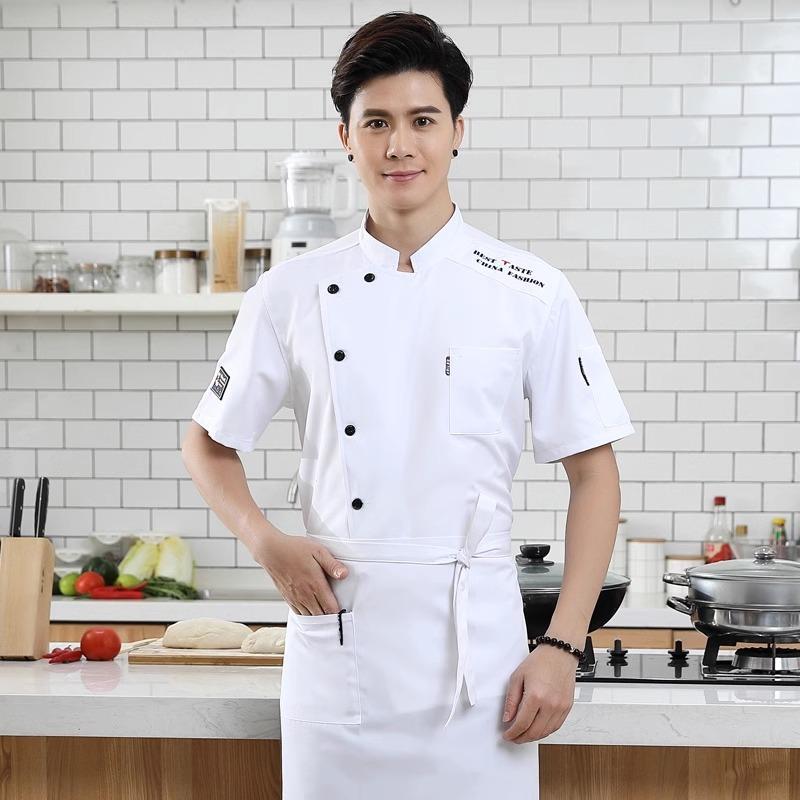 Unisex Chef Uniform Hotel Kitchen Work Clothes Short Sleeved Chef Restaurant Uniform Cooking Shirt Jacket+Hat+Apron