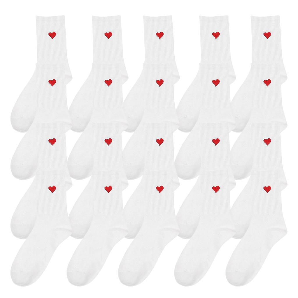 3/5/10/20 Pairs of Women's Crew Socks, White, Heart Pattern, Comfortable, Breathable, Moisture-Wicking