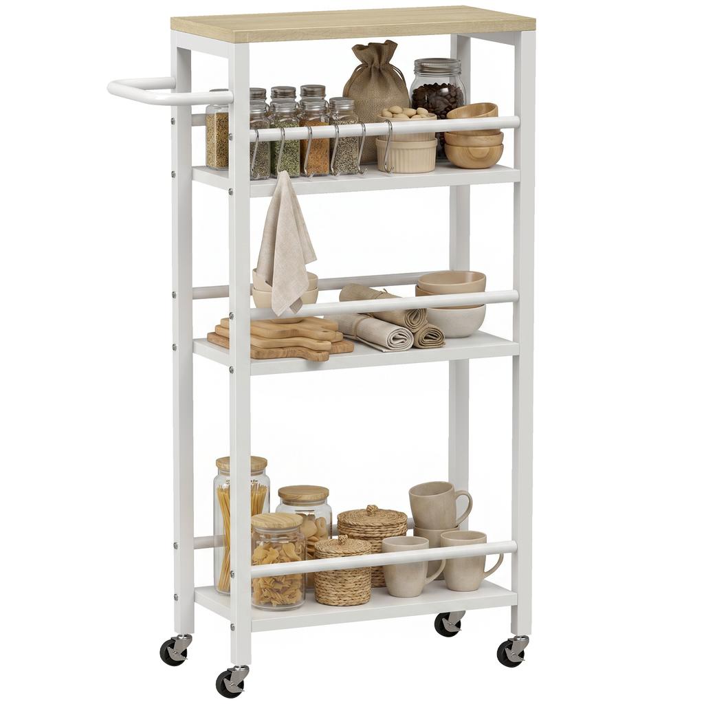 Kitchen Trolley 4 Levels Service Cart With Wheels Towel Holder And 6 Hooks 50 X 20 X 81 Cm Oak