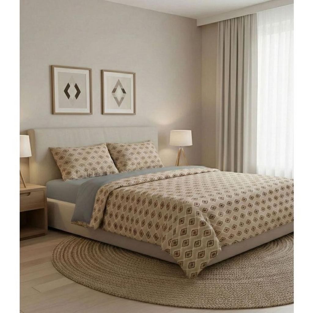 Parure de lit - 1 housse de couette 140 x 200 cm + 1 taie d'oreiller 60 x 60 cm - 100% coton renforcé - Gris / Beige