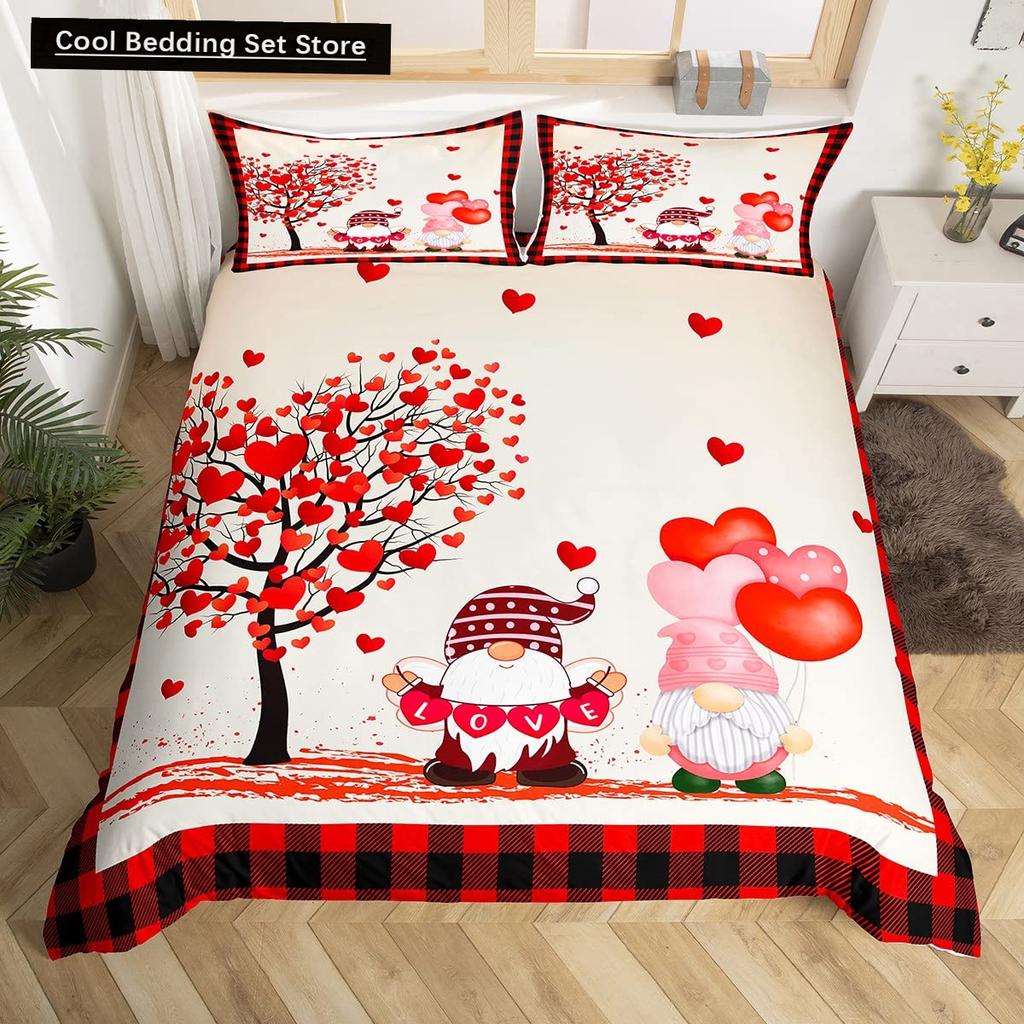 Valentinstag King Bettbezug Romantisches Bettwäsche-Set Kawaii Paar Wichtel Bettdeckenbezug Rosa Rosen Herzen Polyester Steppdeckenbezug