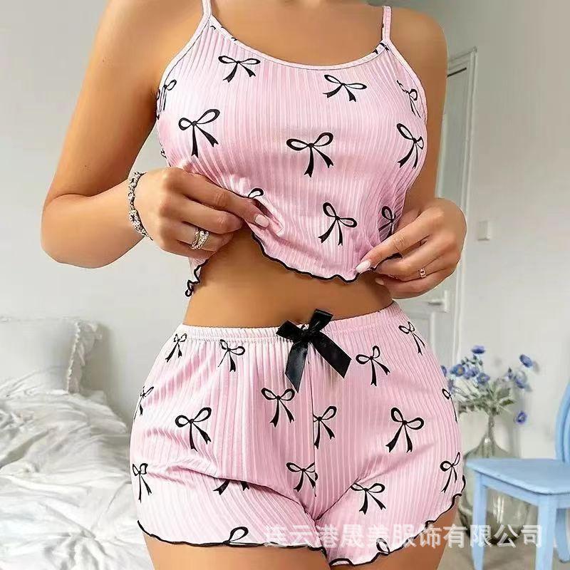 European and American Strawberry Love Printing Pit Strip Set Suspender Shorts Two-piece Set Women's Loungewear
