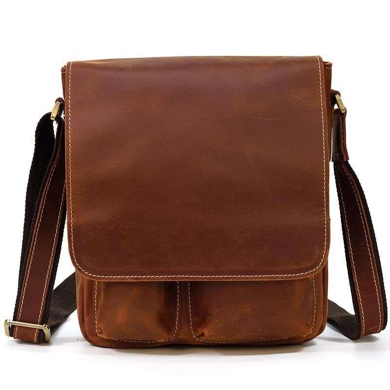 Men'S Genuine Leather Shoulder Bag Crazy Horse Leather Messenger Bag First Layer Cowhide Flip Shoulder Bag Casual Bag