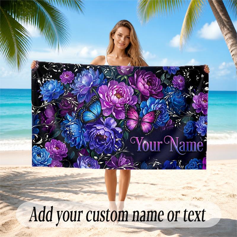 Floral Garden Theme Quick Dry Beach Towel Custom Name Text Print Large Sand Resistant Towel Beach Vacation