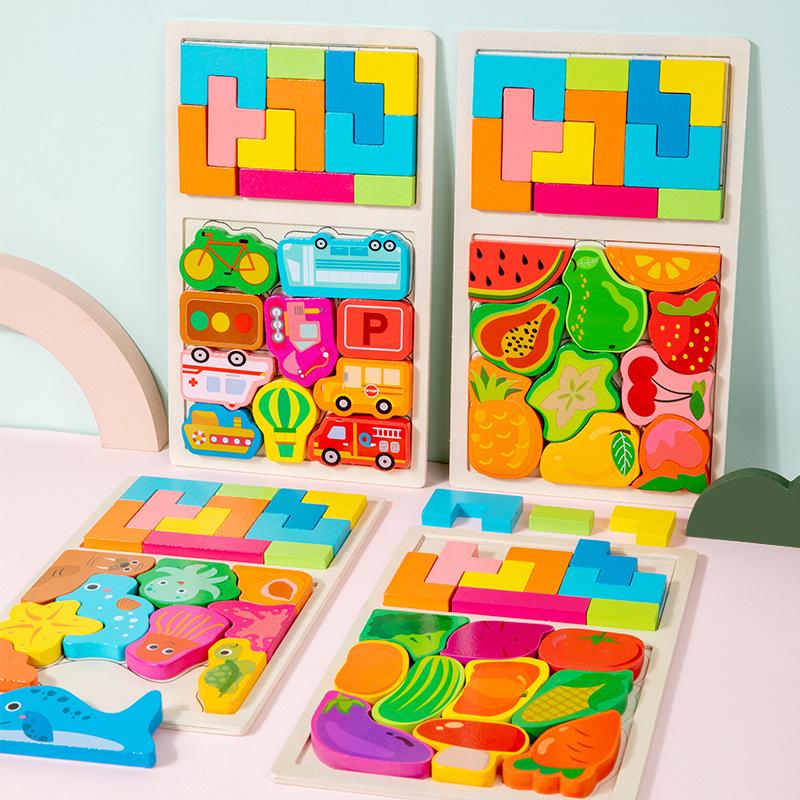 Multifunctional Wooden Puzzle: Marine Animals, Fruits, Vegetables & Transport - Cognitive Tetris for Toddlers