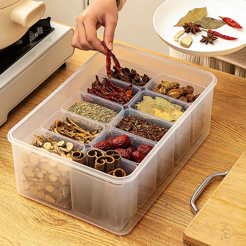 Large Capacity Divided Storage Box With Lid Portable Organizer Box For Spice Transparent Fresh-Keeping Box With Handle