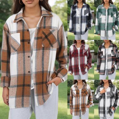 Women's Coat  And Winter Plaid Shirt Buttons Fashion Woolen Coat