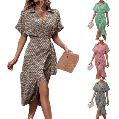 Ladies' Summer Printed Long Dress Casual And Fashionable Waist Cinching V-neck Short Sleeved Comfortable Dress