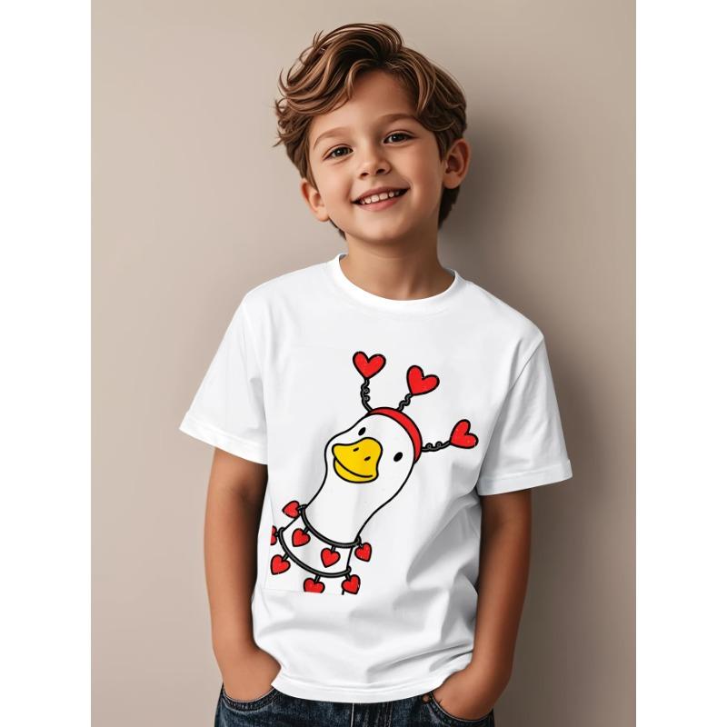 European sizes Boys & Girls Cute Goose Duck Valentines Day T-Shirt - Retro Short Sleeve Shirt with Goose & Duck Graphics, Round Neck Casual Top