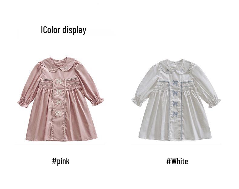Elegant French Embroidered Bow Dress for Girls - 2026 Autumn Smocked Long Sleeve Princess Style