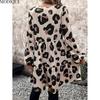 MODIQUE 2025 Summer Plus Size New Women's Casual Sexy Leopard Printing Waist Flowing Short Dress Ladies Loose A-Line Hot Long Sleeve V-Neck Dress