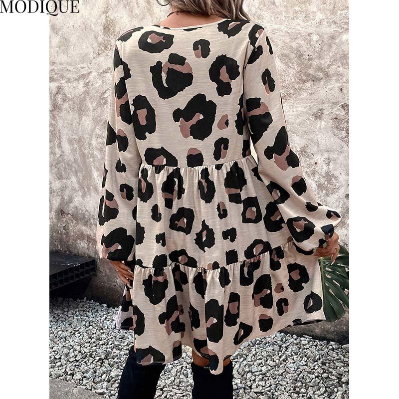 MODIQUE 2025 Summer Plus Size New Women's Casual Sexy Leopard Printing Waist Flowing Short Dress Ladies Loose A-Line Hot Long Sleeve V-Neck Dress