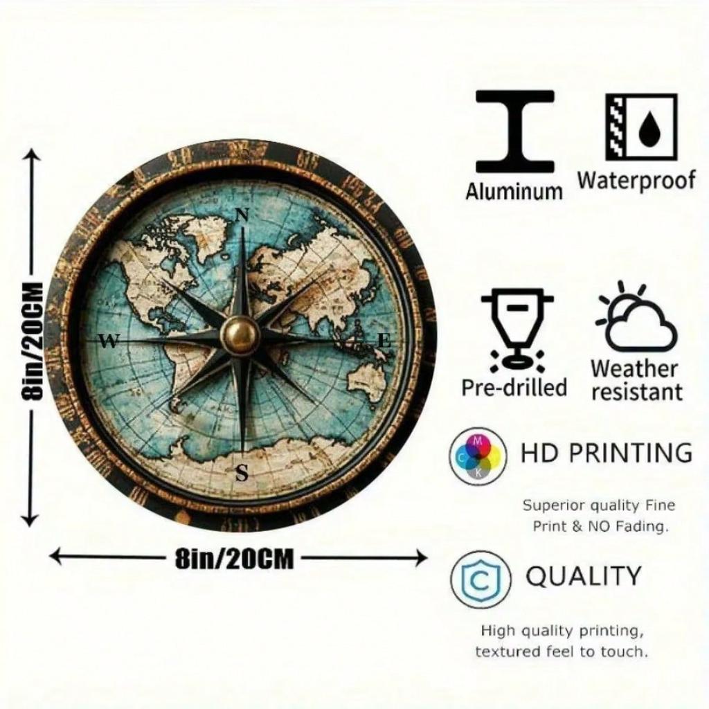 World Map Aluminum Roundel Sign Degree Grid Home Bar Cafe Wall Decor