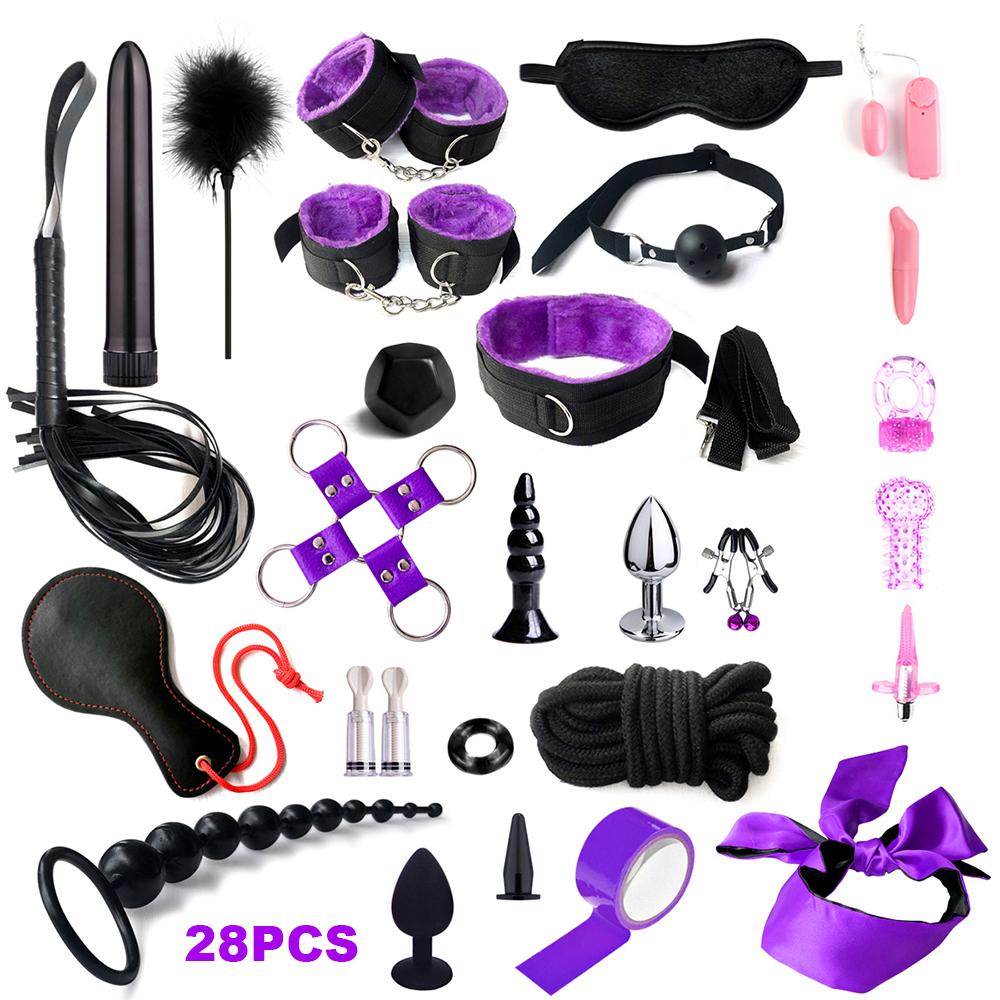Fetish BDSM Kit Set Sex Toy Handcuffs for Woman Adult Supplies Handcuffs Whip Anal Plug Vibrator Bondage Rope Sexual Sexy Game