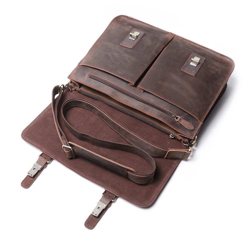 Men's Retro Crazy Horse Leather Crossbody Briefcase - Large Capacity Genuine Cowhide Handbag