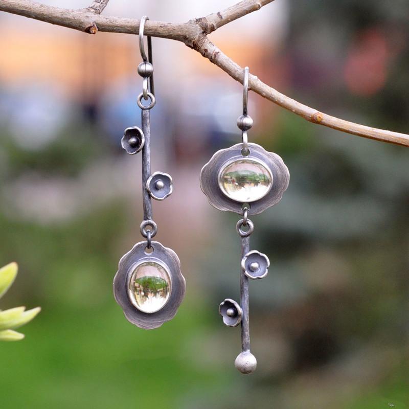 Bohemia Ethnic Charm Asymmetrical Moonstone Hook Earrings Vintage Antique Silver Color Dangle Wedding Earrings For Women